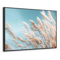LEINWAND Bilder mit Rahmen - Ziergras - Wind - Hellbraun - 140x90 - Hellblau, Textil (140/90cm) - MuchoWow