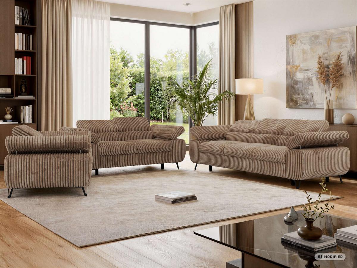 SITZGARNITUR PETER 1+2+3 - Braun Cord - Schwarz/Braun, Textil/Metall (262/76/99cm) - MKS