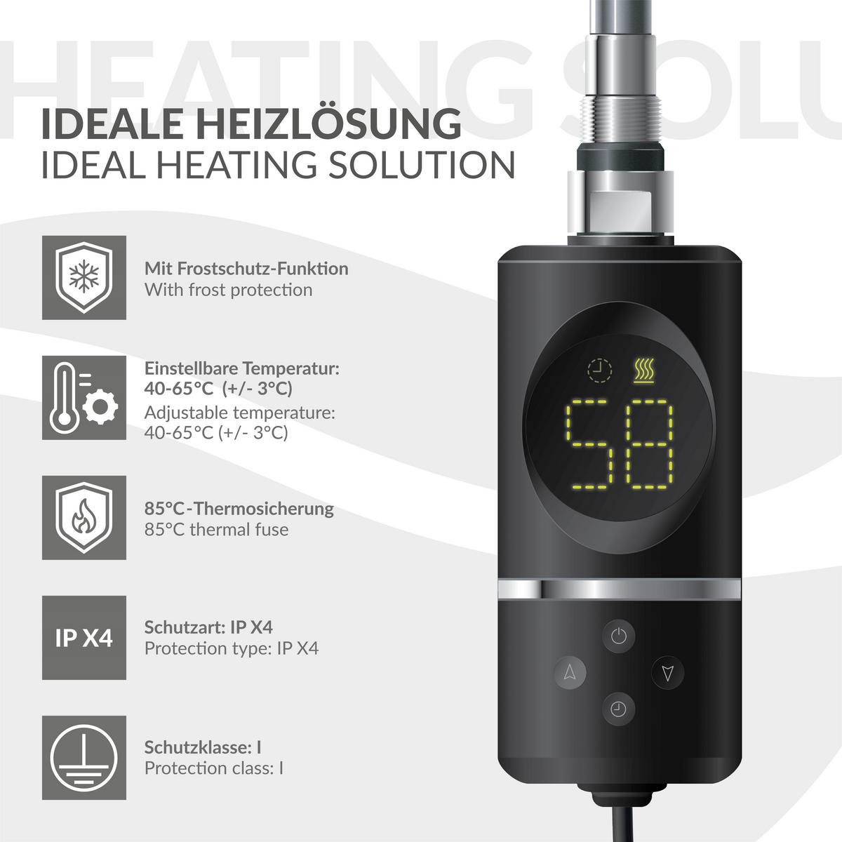 HEIZSTAB 300W Schwarz für Badheizkörper mit Thermostat und Digitalanzeige - Chromfarben, Metall - LuxeBath