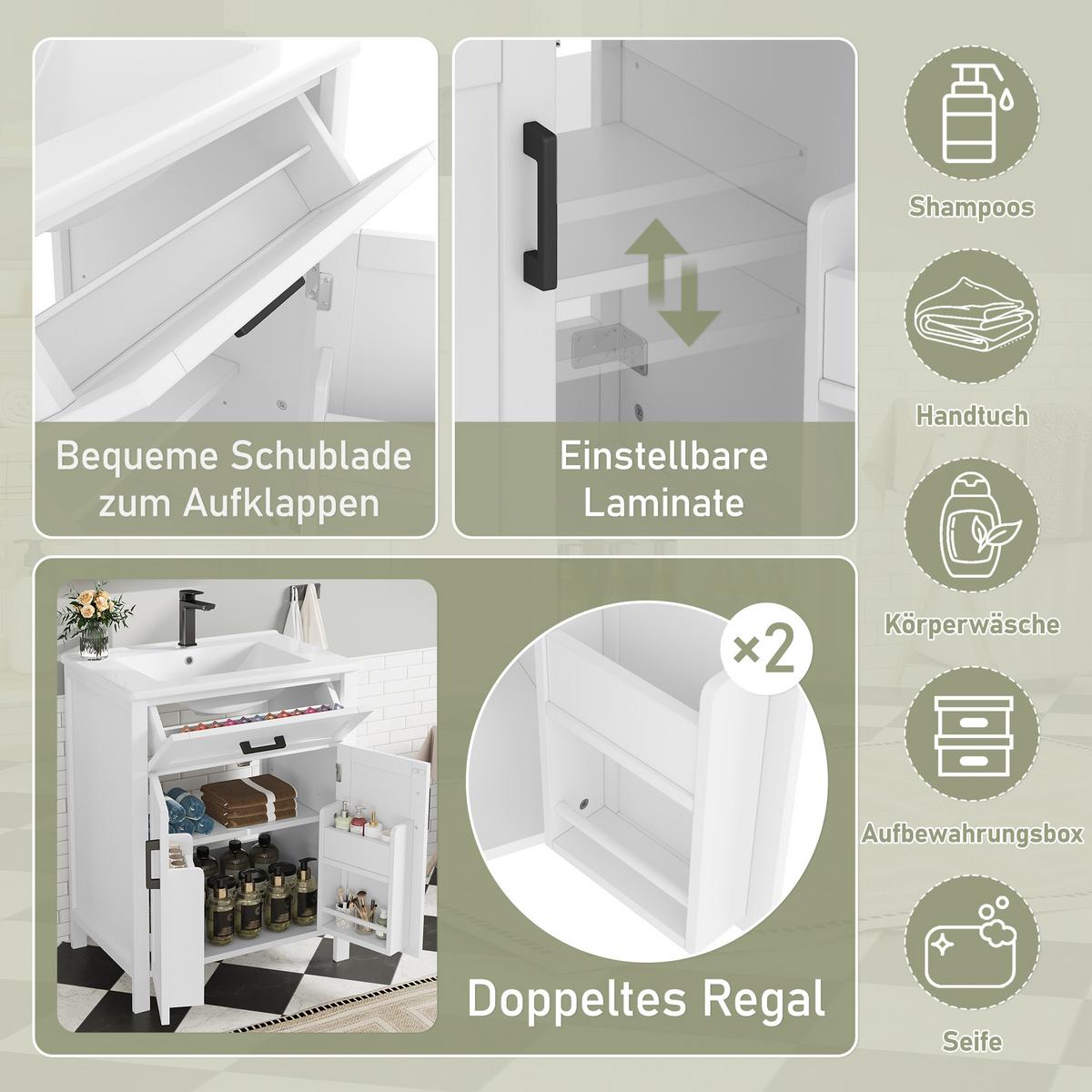 WASCHTISCHKOMBI Weiß freistehend mit Keramikbecken - Weiß, Keramik/Holzwerkstoff (60/84/46cm) - Urban Meuble