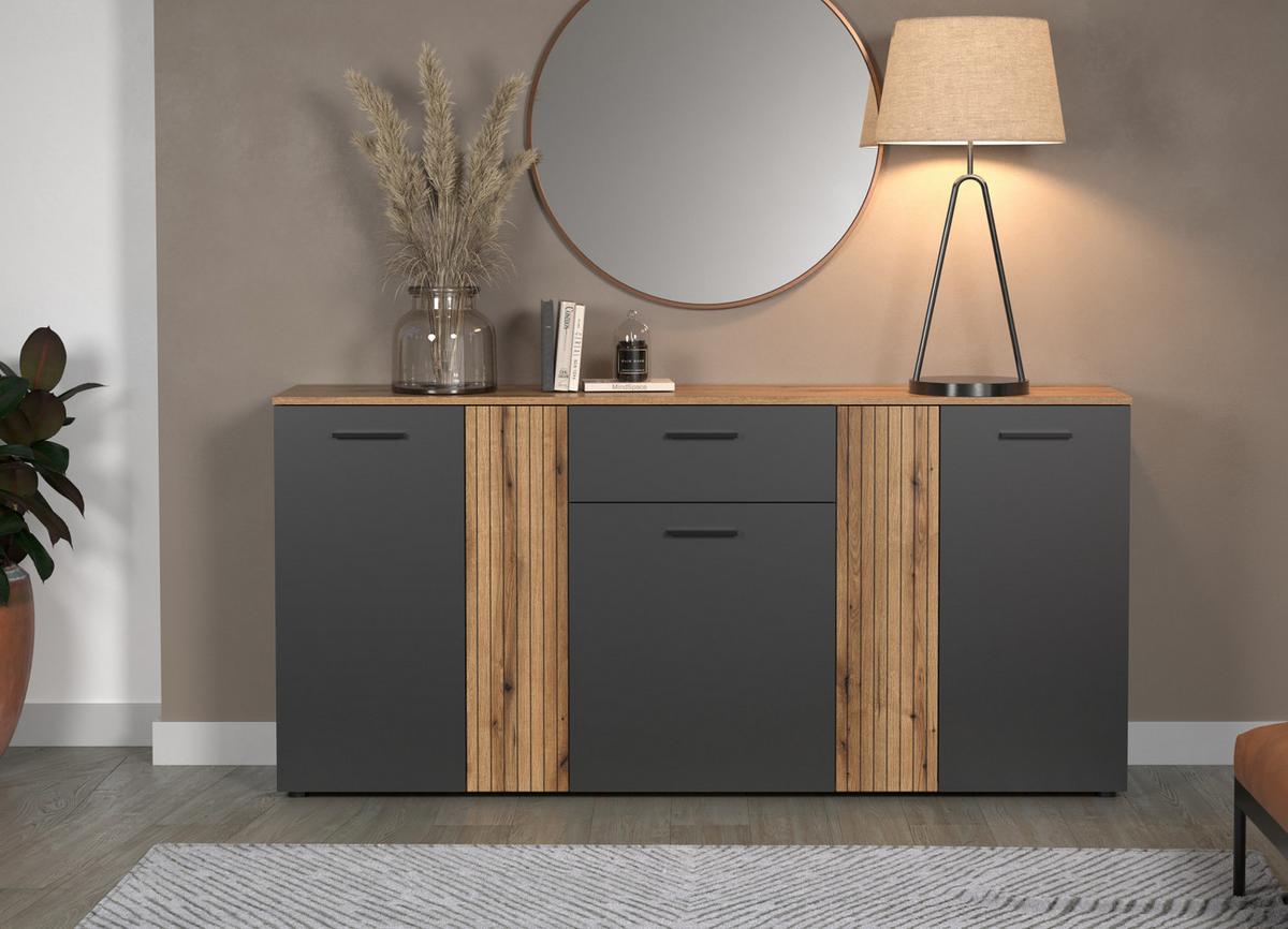 SIDEBOARD grau, Evoke Eiche 181 cm, Kommode mit viel Stauraum - Eichefarben/Anthrazit, Holzwerkstoff/Kunststoff (181/86/38cm) - Top.Furn