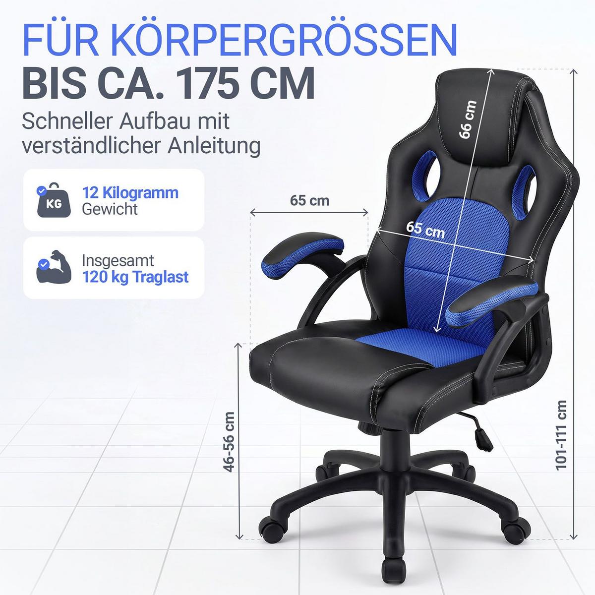 SCHREIBTISCHSTUHL Montreal blau - Blau, Textil (47/111/52cm) - Juskys