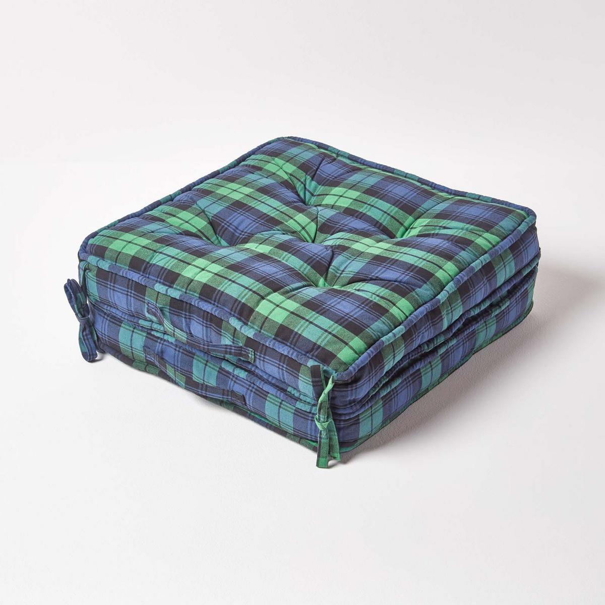 REISEKISSEN blau-grün kariert 50/50/10 cm – Klappkissen Baumwolle - Blau, Textil (50/50/12cm) - Homescapes