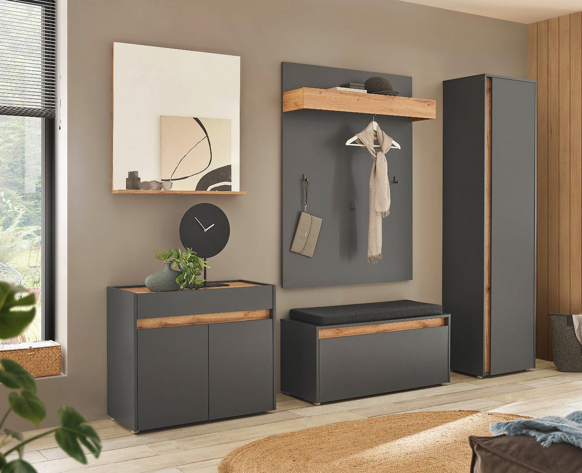 GARDEROBEN-SET Grau mit Eiche Wotan, 6-teilig 260 x 200 cm mit viel Stauraum, inklusive Sitzkissen - Eiche Wotan/Silberfarben, Glas/Holzwerkstoff (260/200/40cm) - Furn.Design