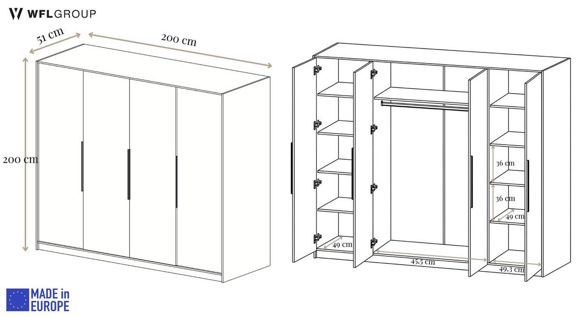 KLEIDERSCHRANK Mono Bis im Skandi-Stil, Drehtüren mit Schwarze Metallgriffe, Weiß 200/200/51 cm - Weiß, Holzwerkstoff (200/200/51cm) - WFL GROUP