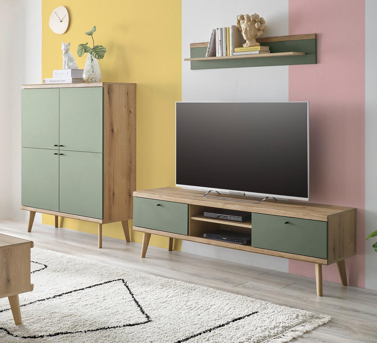 WOHNWAND 3-teilig salbei grün, Eiche Evoke, skandinavisch 277 cm, Schrankwand mit Highboard - Salbeigrün/Eichefarben, Eichenholz/Holz (277/160/40cm) - Furn.Design
