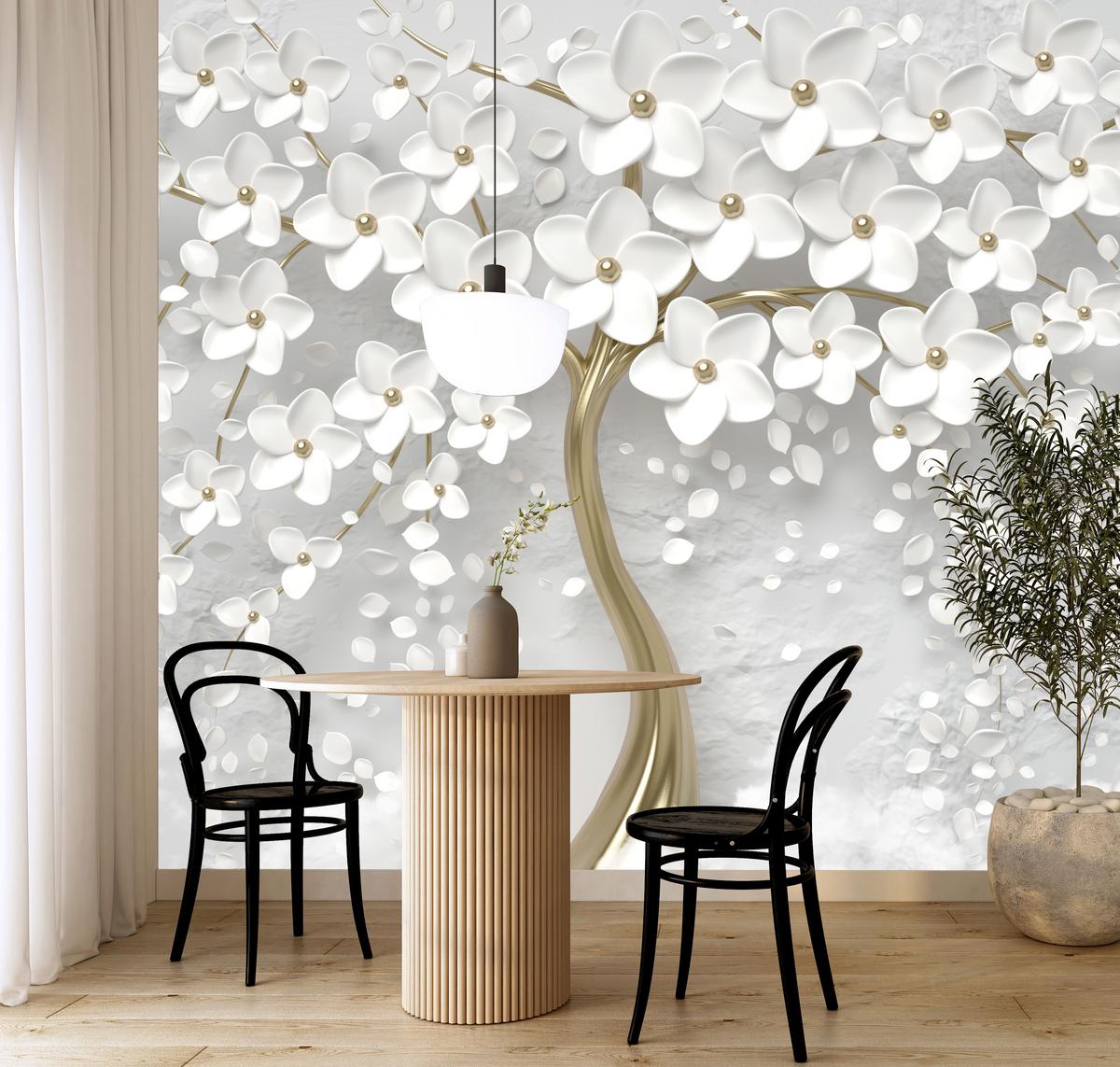 FOTOTAPETE für Schlafzimmer Perlmutt Blumen Abstract Baum 500x350 - Gelb/Goldfarben, Papier (500/350cm) - Muralo
