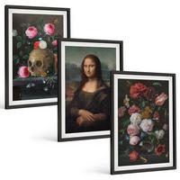BILDER SET 3er Set - 40x60 cm Schwarzer Rahmen - Blumenschädel-Porträt Mona Lisa - Schwarz, Kunststoff (40/60cm) - TULUP