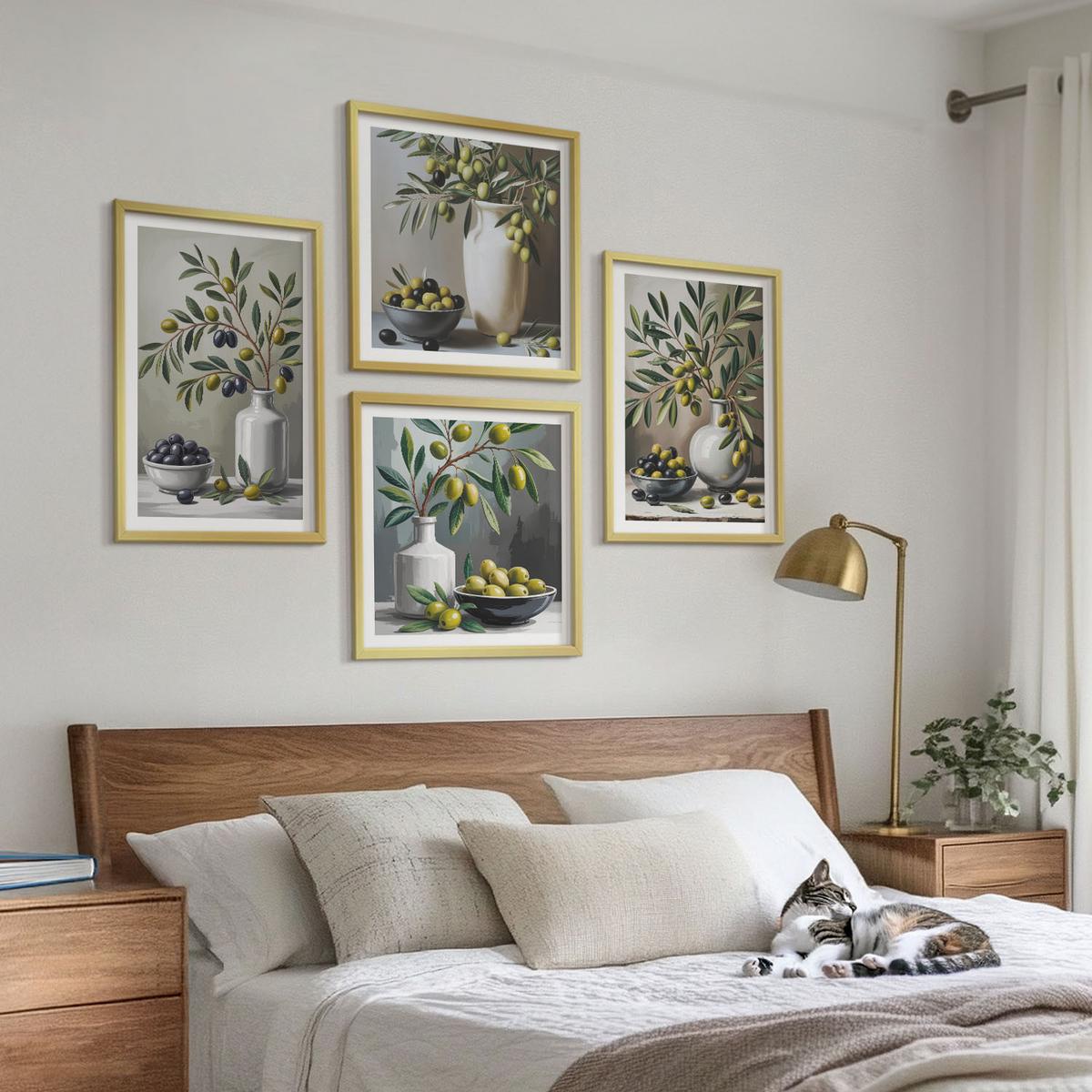 BILDER SET 4er Set - 50x50 cm & 40x60 cm Goldrahmen - Oliven in Keramikgrau - Goldfarben, Kunststoff (50/50cm) - TULUP