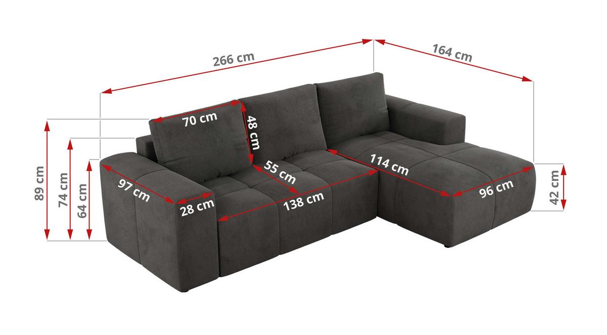 ECKSOFA MONIVA Dunkelgrau Velvet - Links - Dunkelgrau/Schwarz, Textil (164/266cm) - MKS