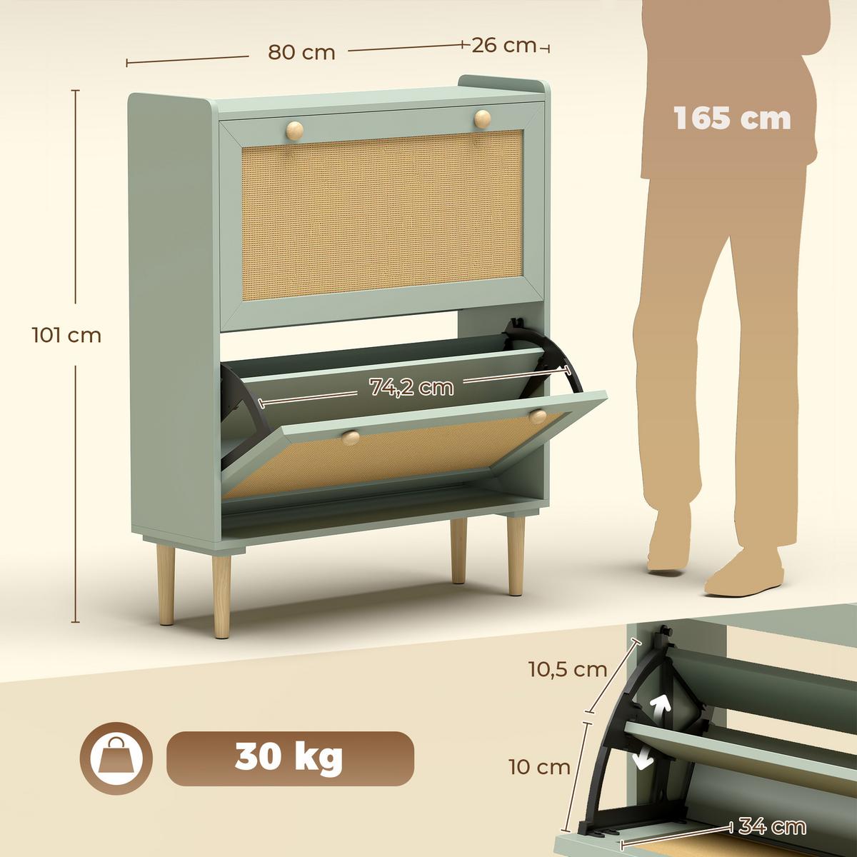 SCHUHSCHRANK MDF Hellgrün - Naturfarben/Hellgrün, Holz/Holzwerkstoff (26/101/80cm) - HOMCOM