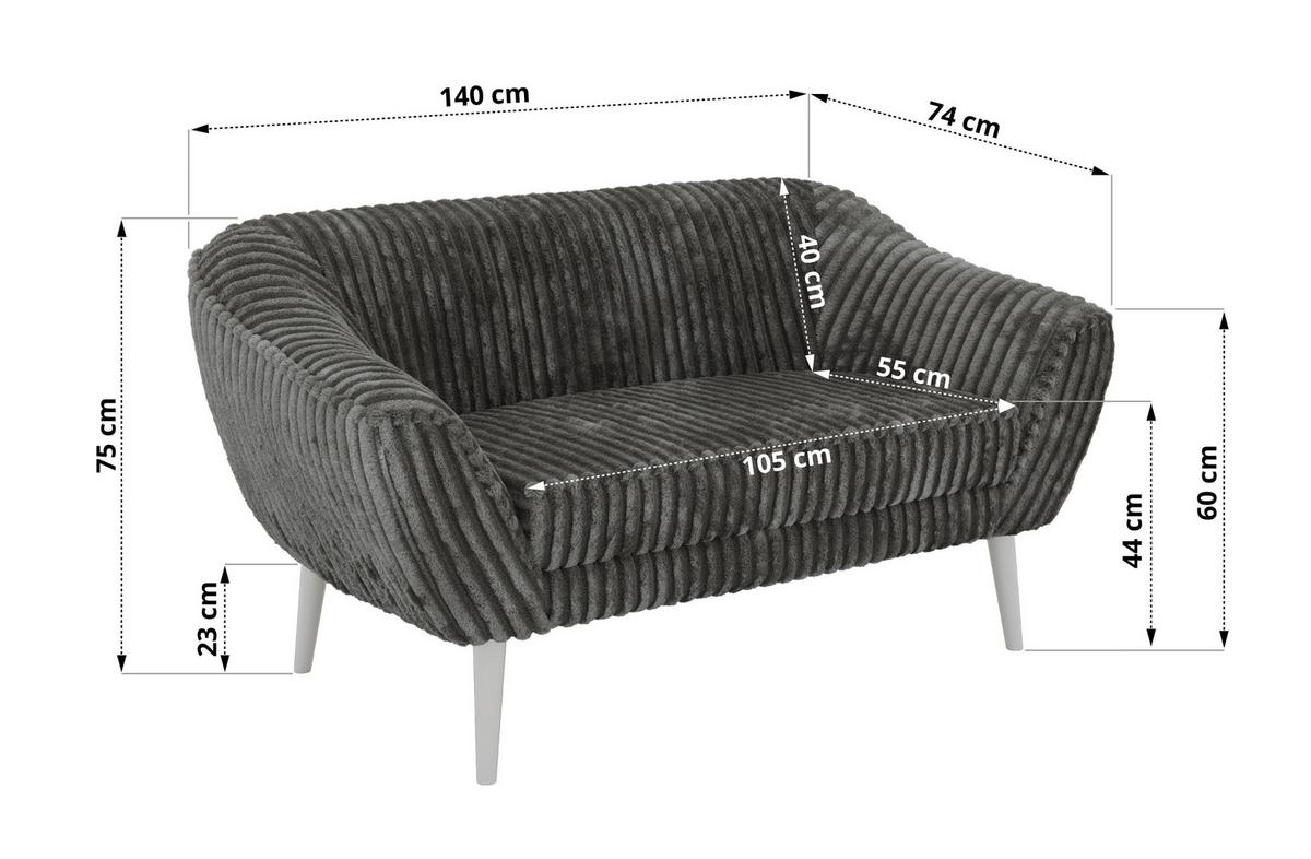 2-SITZER-SOFA PIRS - Grau Cord - Weiße Beine - Weiß/Grau, Holzwerkstoff/Textil (140/75/74cm) - MKS