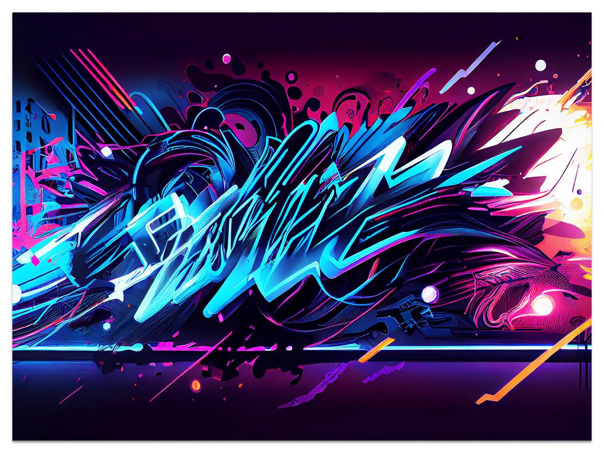 FOTOTAPETE für Jugendzimmer Neon Graffiti Schriften 300x210 - Blau/Gelb, Papier (300/210cm) - Muralo