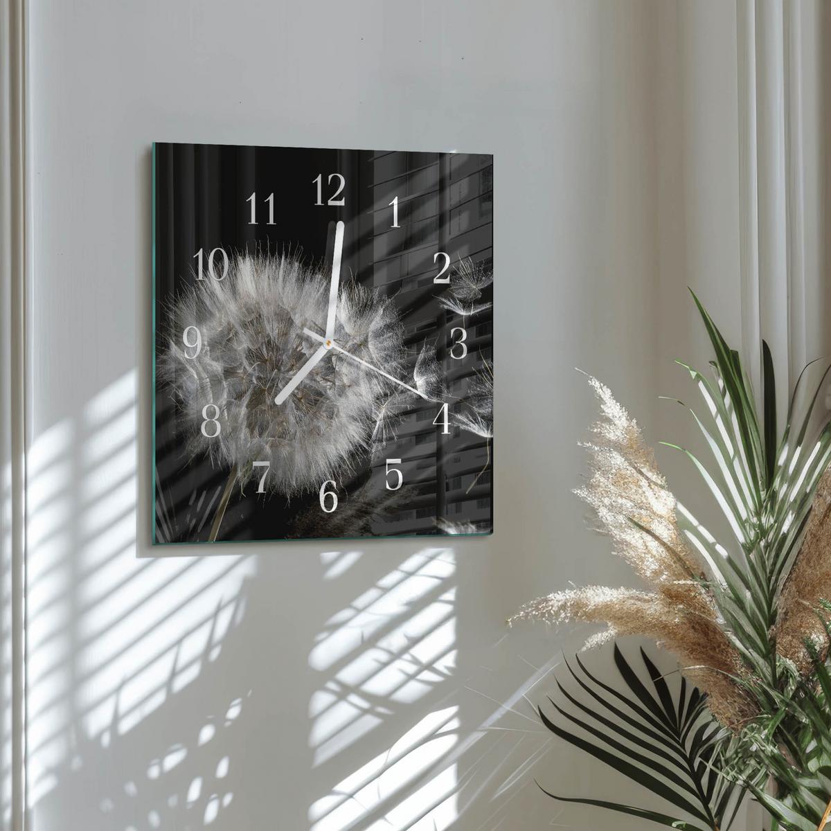 WANDUHR aus Glas 30x30 cm - Löwenzahn - Weiß, Glas (30/30/0.4cm) - TULUP