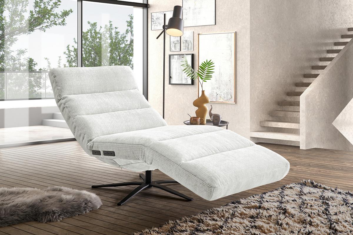 RELAXLIEGE ALINA Weiß Cord Relaxfunktion, Drehbar (360°) - Schwarz/Weiß, Textil/Metall (82/115/156cm) - KAWOLA