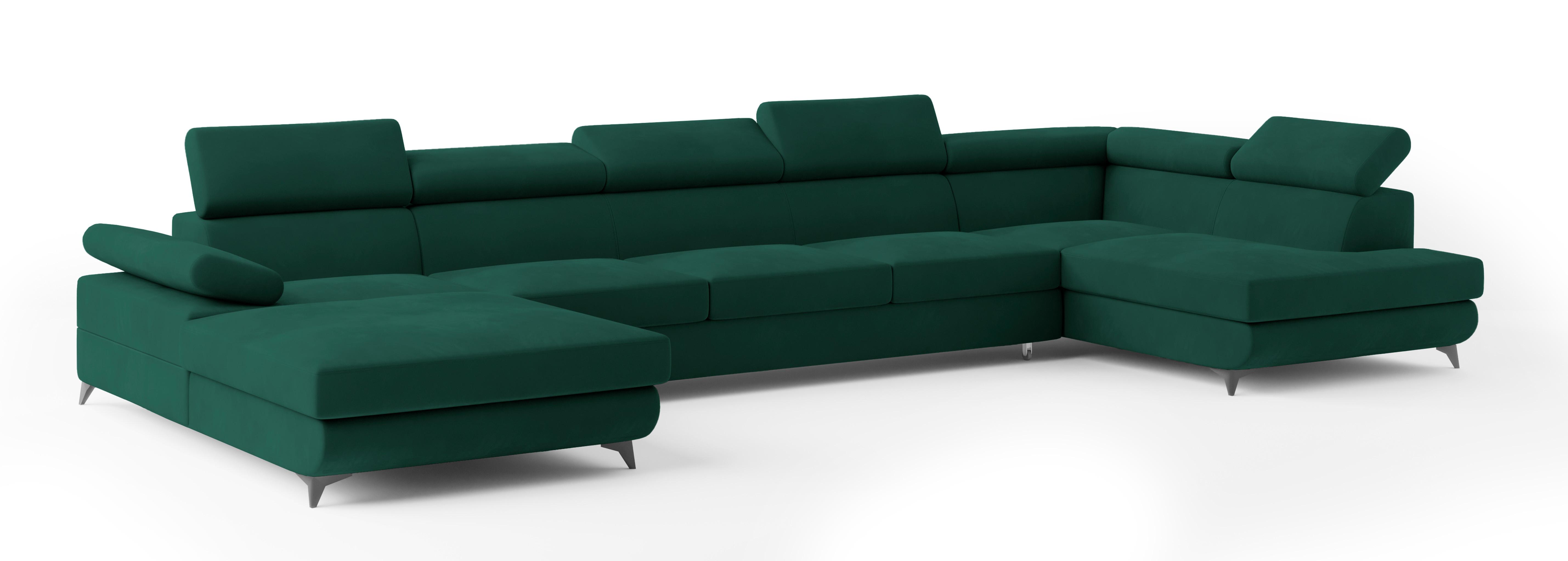 WOHNLANDSCHAFT MONTIVA Grün Velours-Stoff mit Schlaffunktion - Grün, Holz (410/89/190cm) - MASSENO