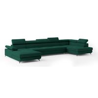 WOHNLANDSCHAFT MONTIVA Grün Velours-Stoff mit Schlaffunktion - Grün, Holz (410/89/190cm) - MASSENO