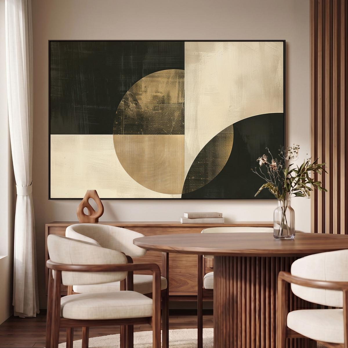 LEINWAND Bilder mit Rahmen - Abstrakt - Geometrische Formen - Schwarz - Gold - 120x80 - Ecru, Textil (120/80cm) - MuchoWow