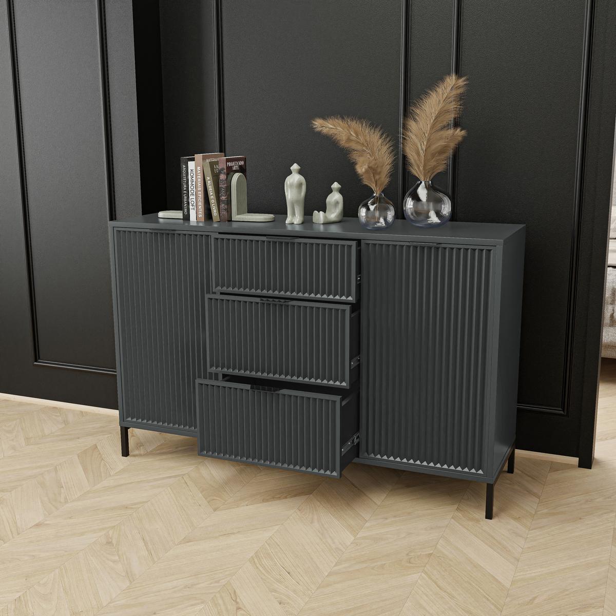 KOMMODE klein Aufbewahrungsschrank mit 3 Schubladen und 2 Türen, Grün - Grün, Holzwerkstoff (135/87/41cm) - Idohome