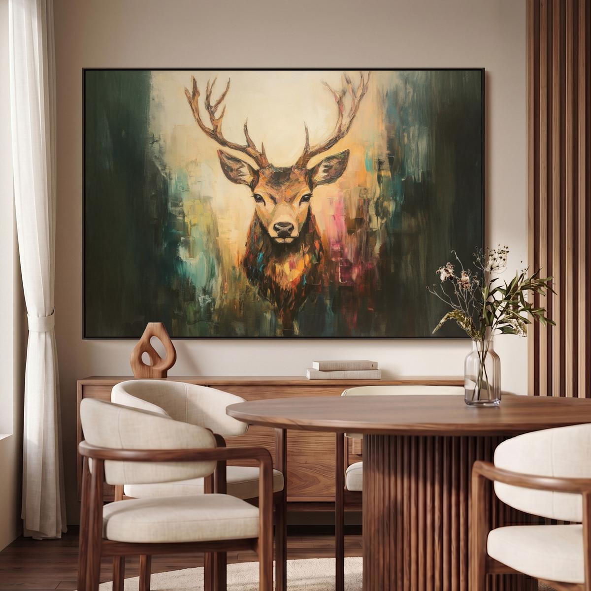 LEINWAND Bilder mit Rahmen - Hirsch - Gemalt - Geweih - Braun - 150x100 - Haselnussfarben, Textil (150/100cm) - MuchoWow