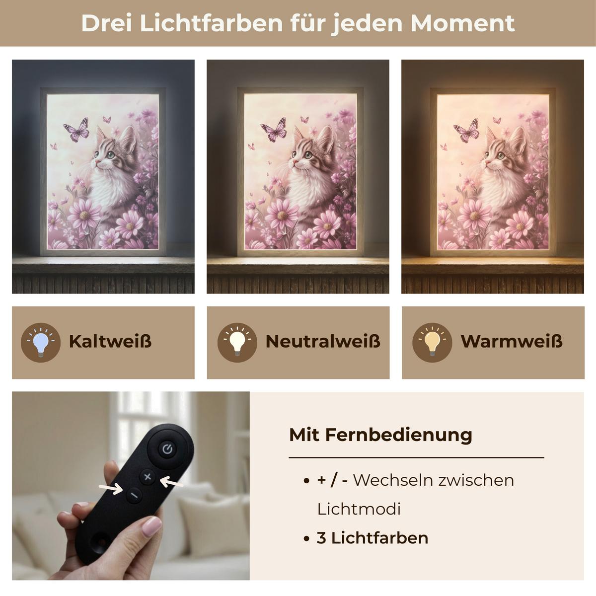 WANDLEUCHTE MIT AKKU Kätzchen - Blumen - Schmetterlinge - Lila 30x40 cm - Altrosa, Holzwerkstoff (30/40/8cm) - OnlyWow