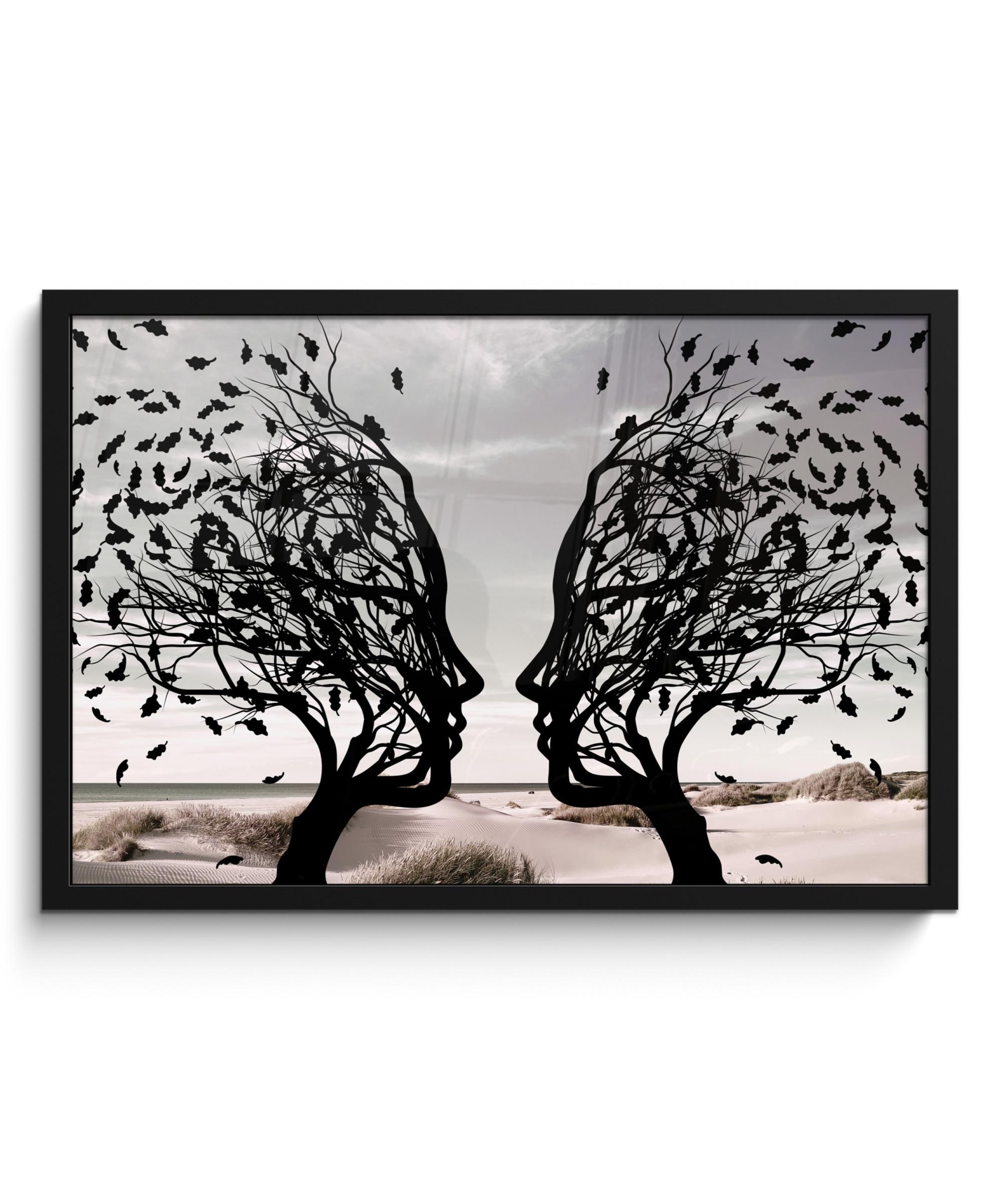 POSTER MIT RAHMEN Strand - Meer - Menschen - Baum - Moderne Kunst 60x40 cm - Hellgrau, Papier (60/40cm) - MuchoWow
