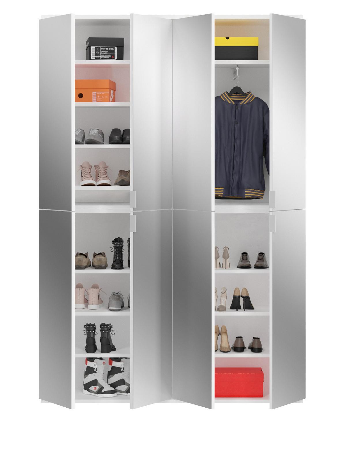 SCHUHSCHRANK weiß 122 x 193 cm, Garderobe 8 Türen mit Spiegel, Garderobenmöbel - Weiß Hochglanz/Silberfarben, Holzwerkstoff/Kunststoff (122/193/34cm) - Inn.Furn