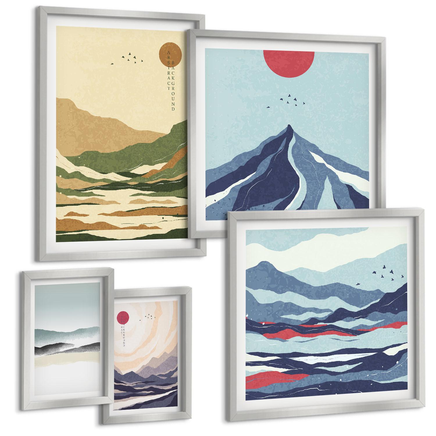 BILDER SET 5er Set - 50x50 cm & 20x30 cm & 40x60 cm Silberner Rahmen - Berge minimalistische Pastellfarben - Silberfarben, Kunststoff (40/60cm) - TULUP