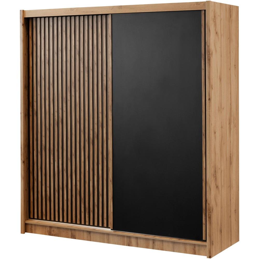 SCHWEBETÜRENSCHRANK Leroy mit 2 Türen und Lamellen, 203 cm, Schwarz+eiche Wotan - Eiche Wotan/Schwarz, Holzwerkstoff (203/215/60.5cm) - Beautysofa