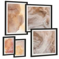BILDER SET 5er Set - 50x50 cm & 20x30 cm & 40x60 cm Schwarzer Rahmen - Warme Aquarellfarben auf Leinwand - Schwarz, Kunststoff (40/60cm) - TULUP
