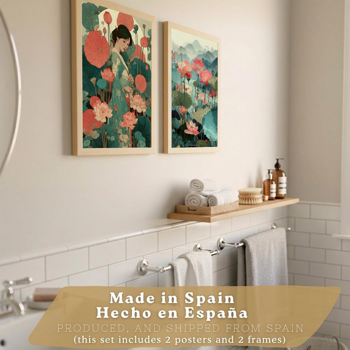 POSTER 2er-Set dekorative Badezimmerdrucke, japanisch-orientalische Kunstposter WC mit Lotusblumen, asiatische Landschaft, Stil Leichter Holzrahmen A3 - Beige, Papier (42/29.7/3cm) - Nacnic