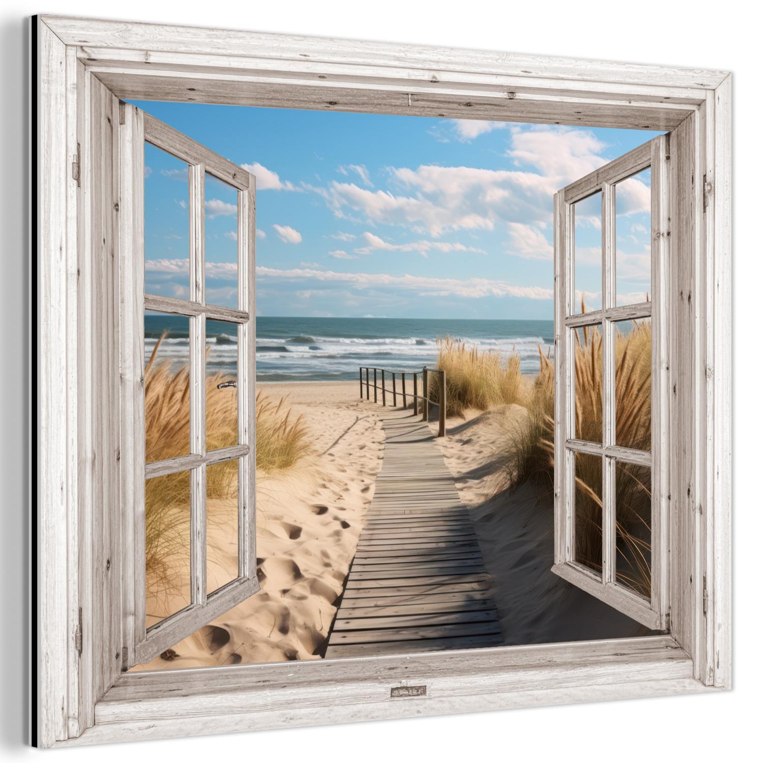METALLBILD Fenster - Meer - Küste - Natur - Ausblick - Strand - Wattenmeer 40x30 cm - Beige, Metall (40/30cm) - MuchoWow