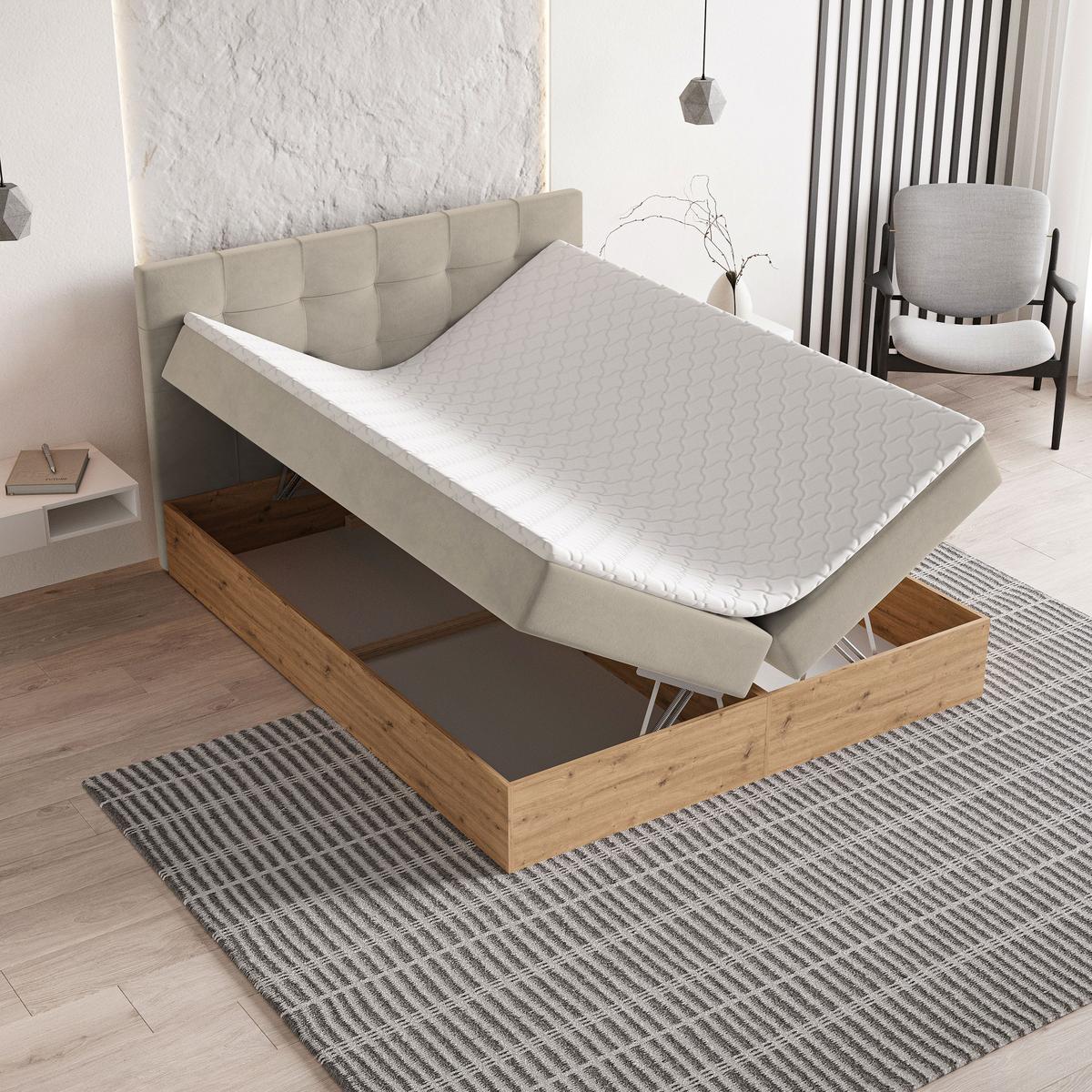 BOXBETT MOLVEN 160x200 cm mit Matratze und Topper - Beige - Beige, Holz (160/200cm) - MASSENO