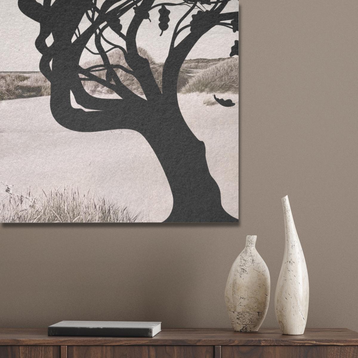 AKUSTIKBILD Strand - Meer - Menschen - Baum - Moderne Kunst Wanddeko 70x100 cm - Hellgrau, Kunststoff (70/100/0.9cm) - MuchoWow
