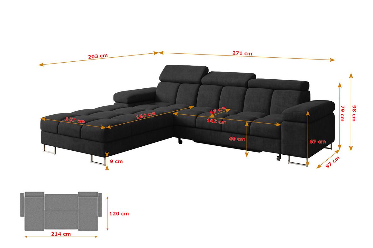ECKSOFA mit Schlaffunktion Ottomane Links 271x203x79 Schwarz Velours - Schwarz, Holzwerkstoff/Textil (271/203cm) - ALTDECOR