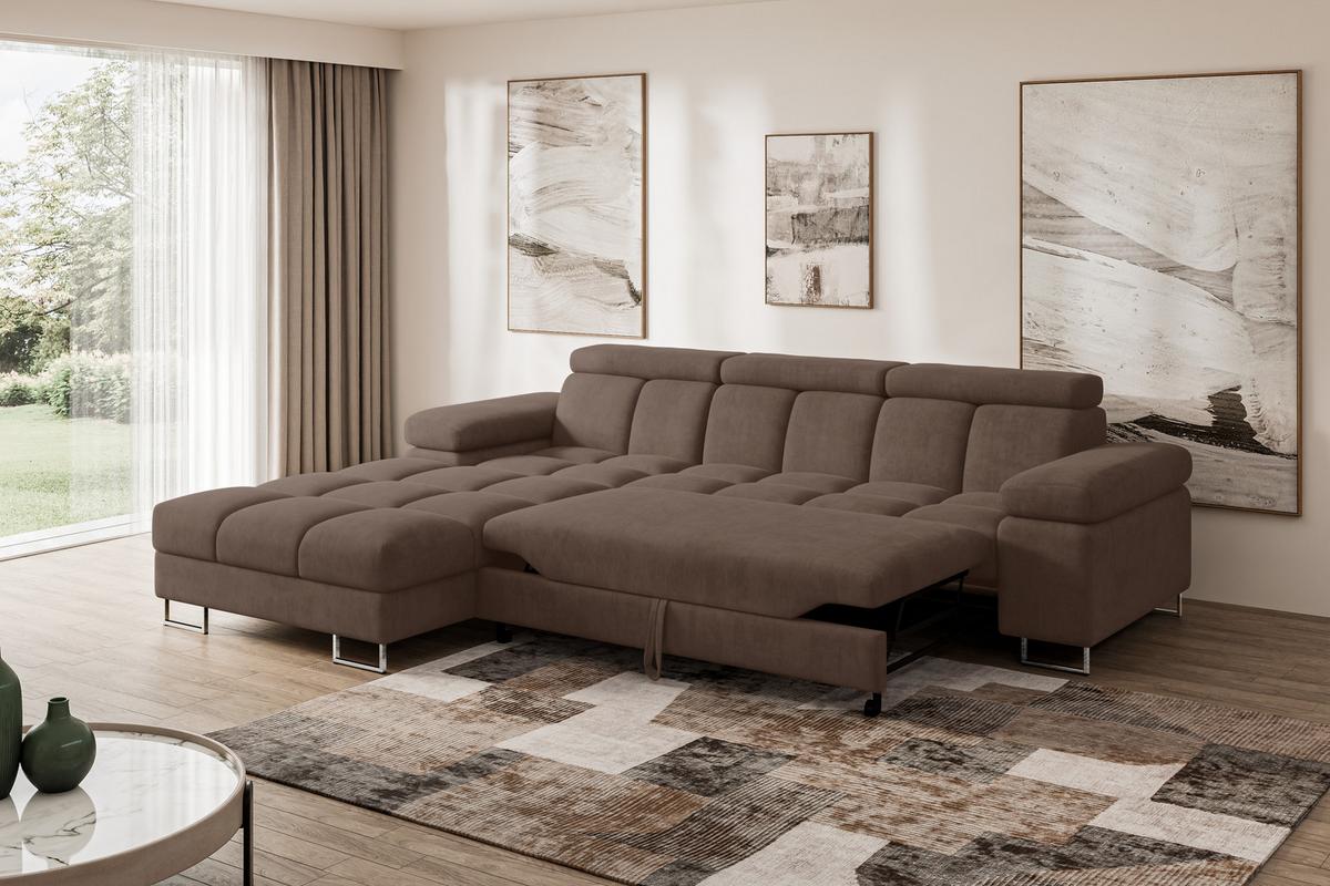 ECKSOFA mit Schlaffunktion Ottomane Links 271x203x79 Braun Velours - Braun, Holzwerkstoff/Textil (271/203cm) - ALTDECOR