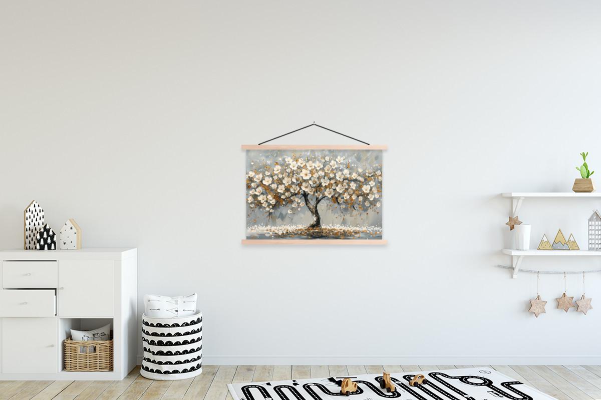 POSTER MIT MAGNETLEISTEN Baum - Blumen - Weiß - Natur - Kunst Wanddeko 90x60 cm - Weiß, Textil (90/60/0.15cm) - MuchoWow