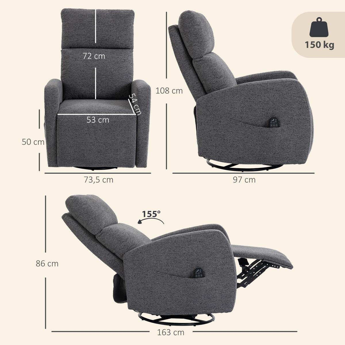 MASSAGESESSEL Chenille Dunkelgrau - Dunkelgrau/Naturfarben, Holz/Textil (73.5/108/97cm) - HOMCOM