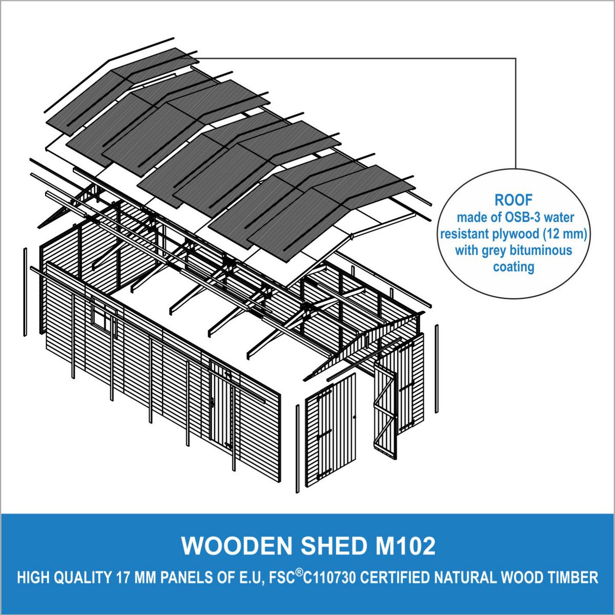 HOLZGARAGE Abstellraum mit Fenstern- H222x616x324 cm /18 m2 - M102 - Naturfarben, Holz (303/183/591cm) - Timbela
