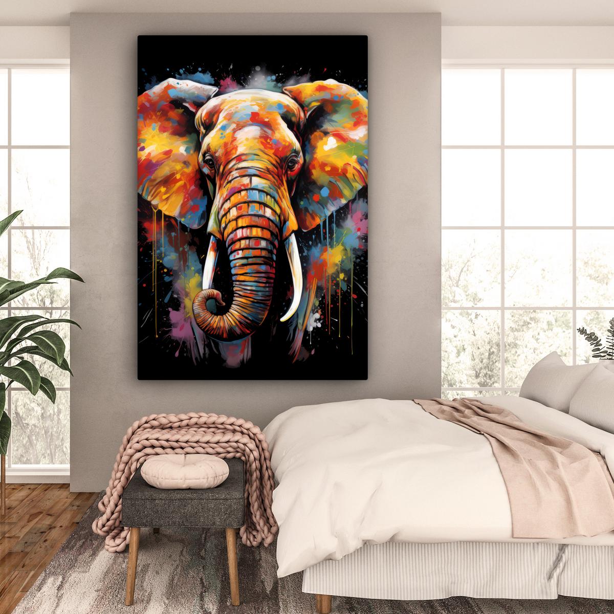 LEINWANDBILD Elefant - Graffiti - Schwarz - Tiere - Farben Deko Groß 90x140 cm - Schwarz, Textil (90/140cm) - MuchoWow