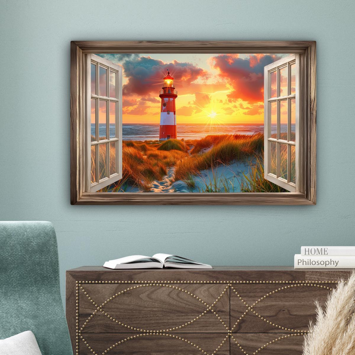 LEINWANDBILD Aussicht - Fenster - Leuchtturm - Sonnenuntergang - Strand Gemälde 60x40 cm - Dunkelorange, Textil (60/40cm) - MuchoWow
