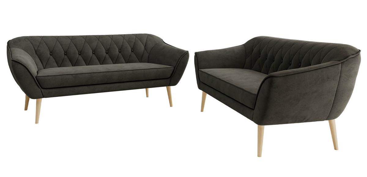 SITZGARNITUR PIRS 3+3 - Dunkelgrau Velvet - Holzbeine - Dunkelgrau/Buchefarben, Holzwerkstoff/Textil (180/75/74cm) - MKS