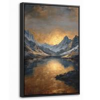 LEINWAND Bilder mit Rahmen - Bergkulisse mit goldenem Sonnenuntergang - 20x30 - Goldfarben, Textil (20/30cm) - MuchoWow