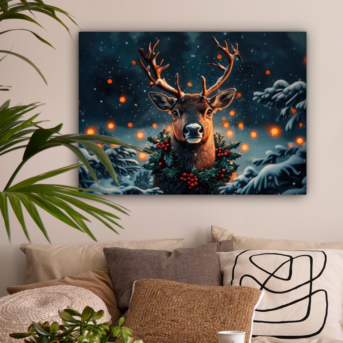 LEINWANDBILD Hirsch - Weihnachten - Winter - Schnee - Weihnachtskranz Wandbilder 80x60 cm - Dunkelbraun, Textil (80/60cm) - MuchoWow