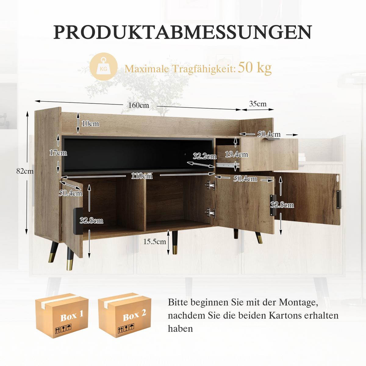 SIDEBOARD 160 cm Naturholz & Schwarz mit offenem Regal, Schublade & Türen im modernen Stil - Naturfarben, Holzwerkstoff (160/82/35cm) - Urban Meuble