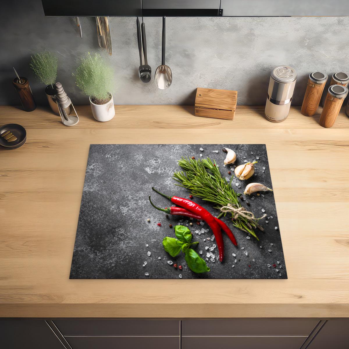 HERDABDECKPLATTE Pfeffer - Kräuter - Gewürze - Beton Ceranfeldabdeckung 59x52 cm - Rot, Kunststoff (59/52/0.2cm) - MuchoWow