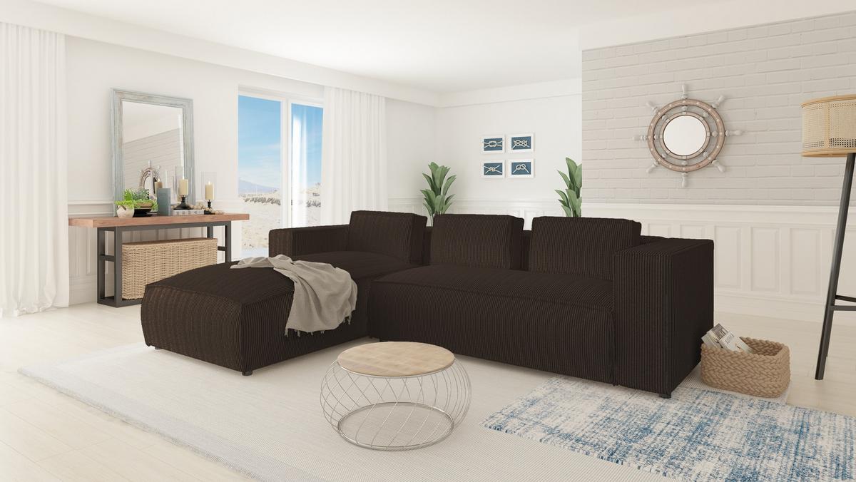 ECKSOFA Nova Dunkelbraun Cord - Dunkelbraun/Schwarz, Holz/Kunststoff (262/176cm) - S-Style Möbel
