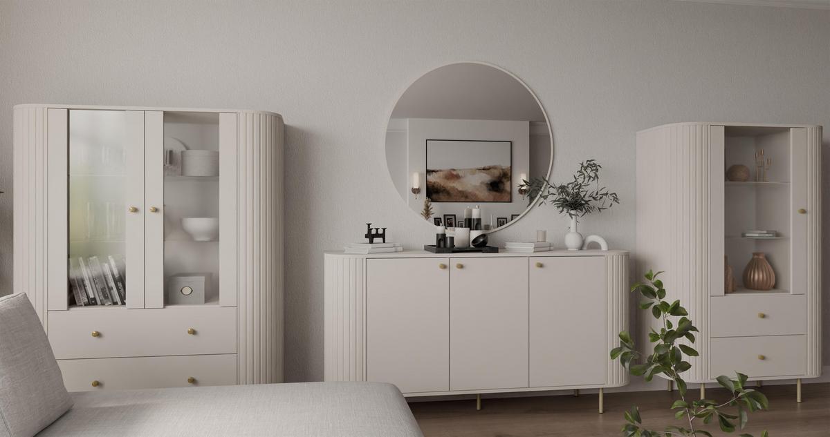 VITRINE Halay Beige, 1 Tür & 2 Schubladen Moderne Rillenstruktur, mit runden Kanten - Beige/Goldfarben, Holzwerkstoff/Metall (97.4/155/42.3cm) - AX Living
