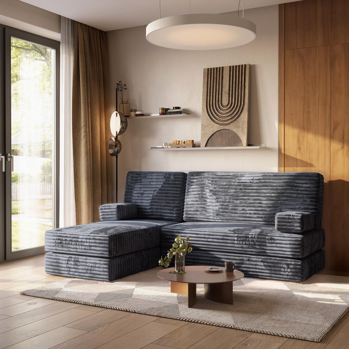 ECKSOFA NOTIA modulares Boneless Sofa mit Schlaffunktion Grau Kordstoff - Dunkelgrau, Textil (200/120cm) - MASSENO