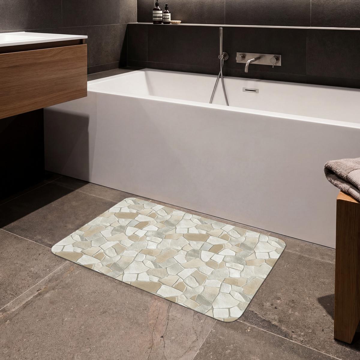 BADEMATTE Mosaik - Steine - Beige 80x50 cm - Beige/Creme, Textil (80/50cm) - OnlyWow